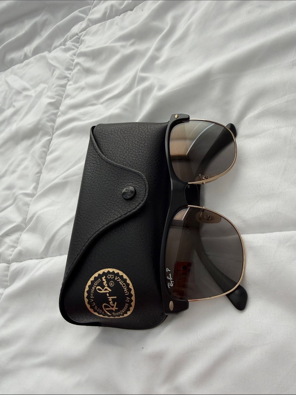 Ray-Ban Men’s Black Frame Sunglasses with Gold Trim and Smoke Lenses